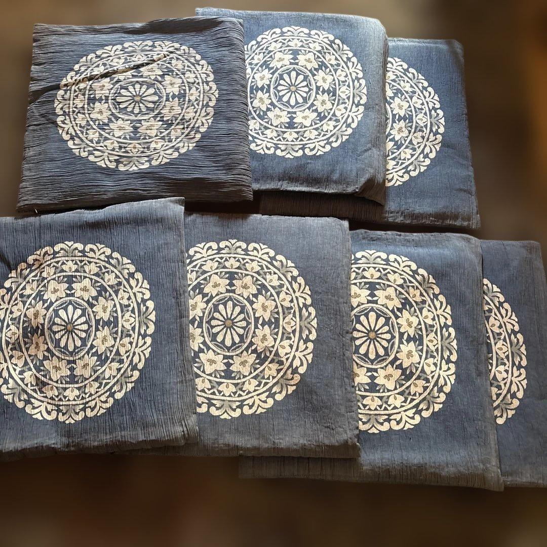 ダークブルー 花柄座布団 7個セット