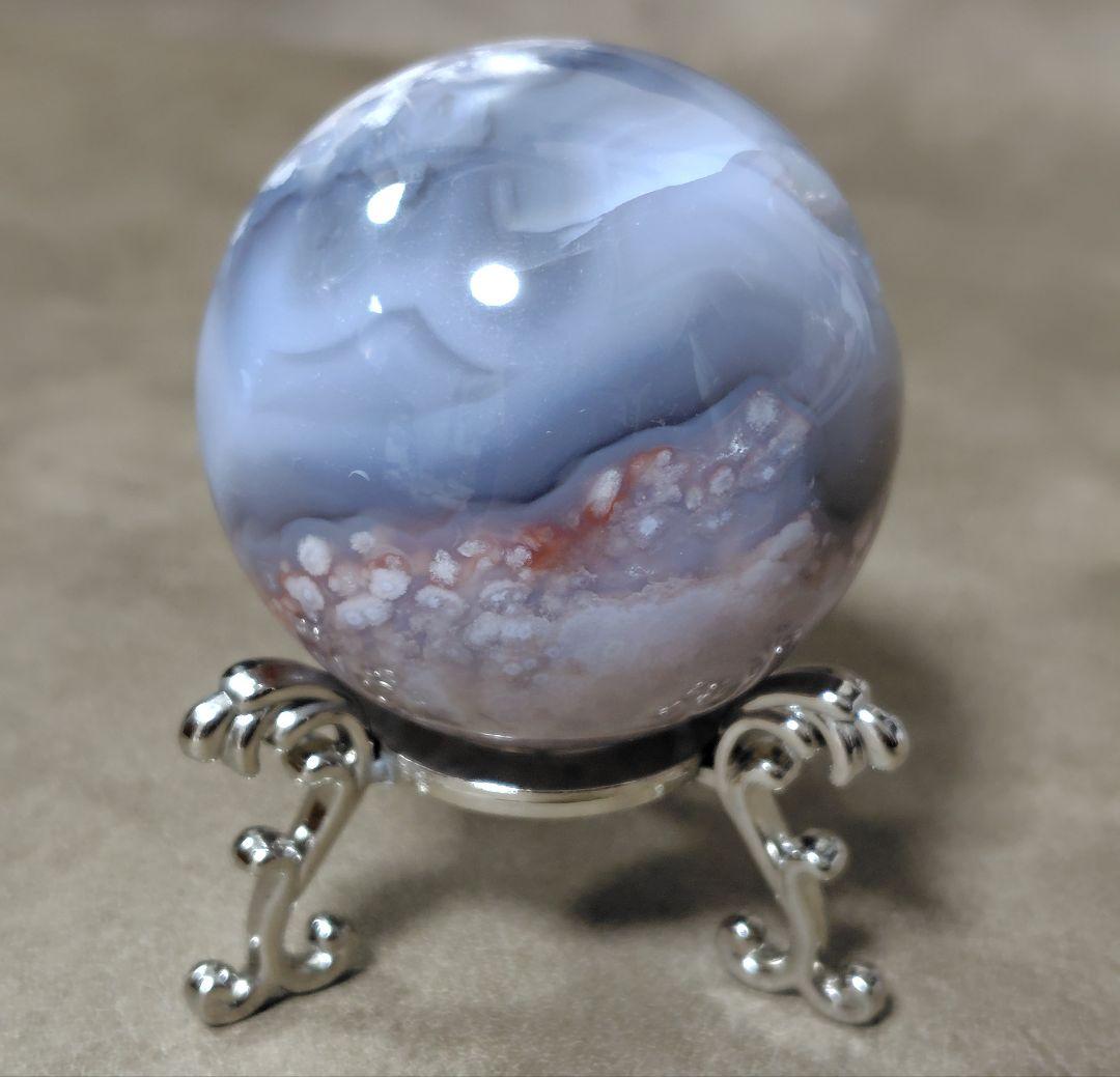 台座付き 縁起物 笑口 ジオード入り ブラック桜瑪瑙スフィア 50mm