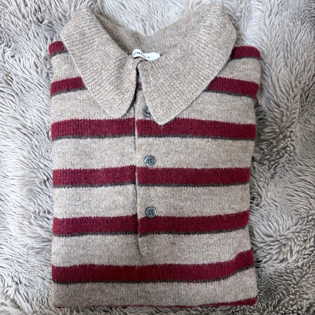 ONCILY マルチボーダーソフトタッチニットポロ　ベージュ Lサイズ