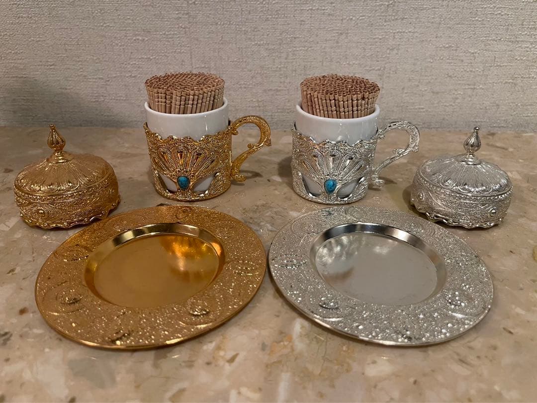 【6個セット】小物入れ、ジュエリーケース、爪楊枝入れ、砂糖、クリープ、金色、銀色