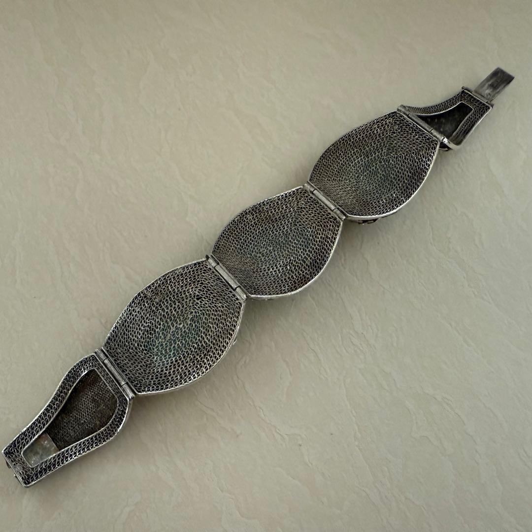 アンティーク中国輸出用銀器　銀線細工トルコ石ターコイズバングルブレスレット大ぶり