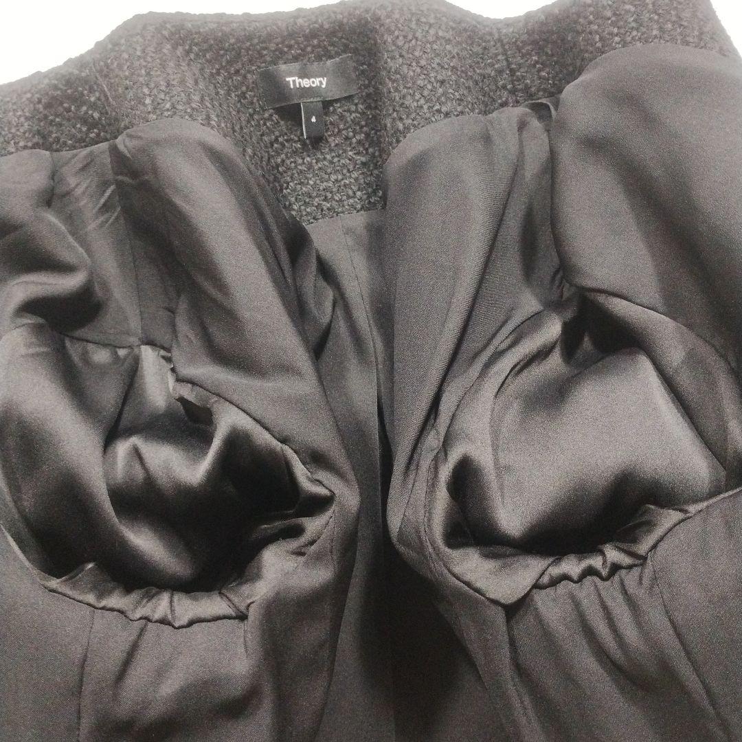 未使用級　23AW　セオリー　ノーカラーツイードジャケット　Ｌ　黒　クロップド丈