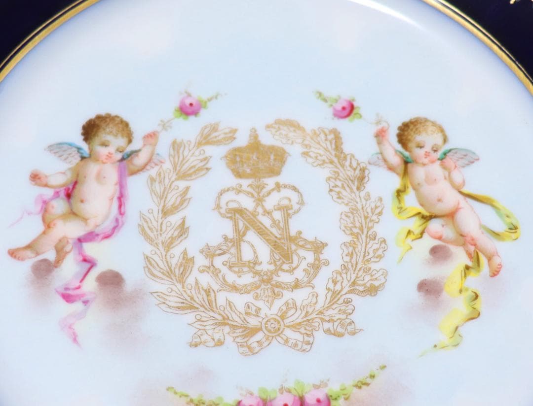 オールド・セーブル フランス第二帝政期1867年製 金彩天使図濃紺色大型プレート