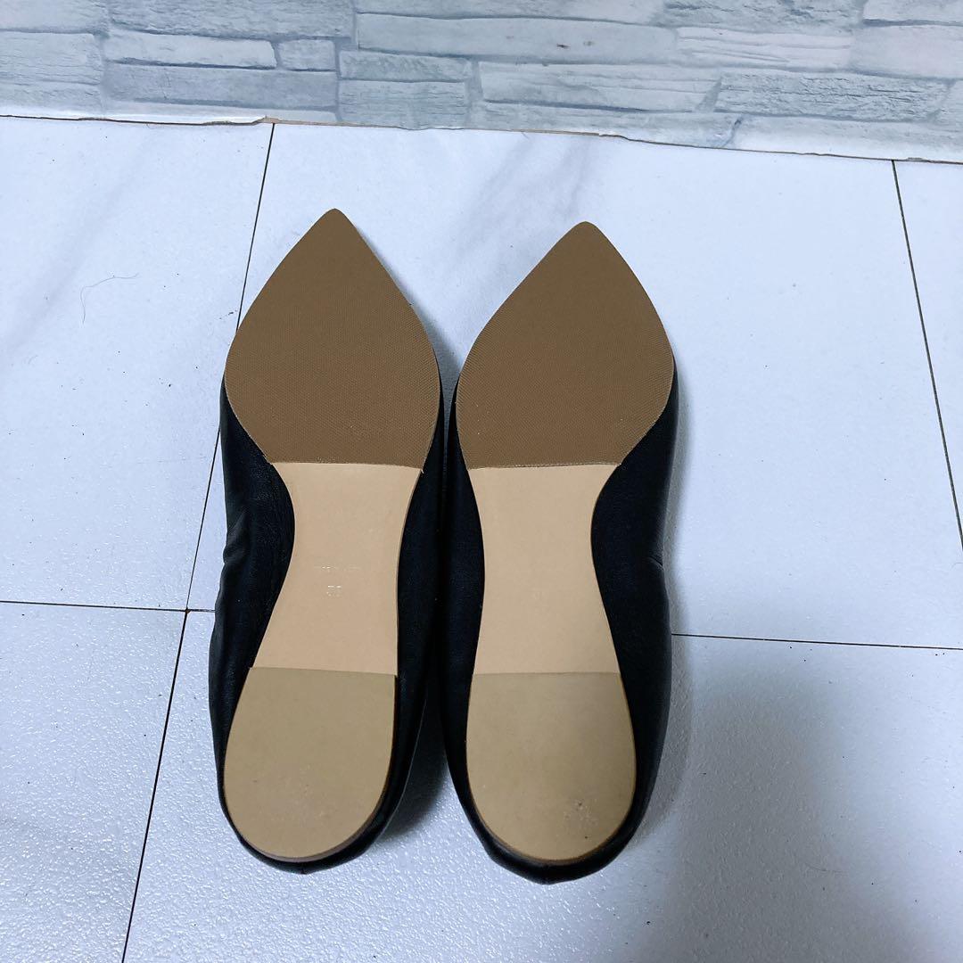 未使用級 ピッピシック ギャザーフラットパンプス 本革 ブラック 黒 38 25