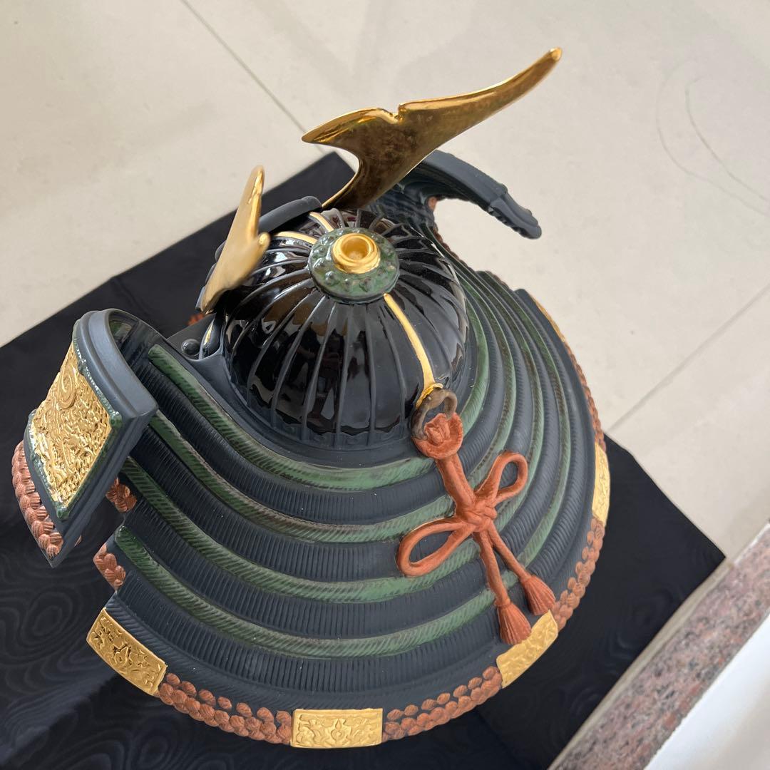 LLADRÓ 武士の兜 グリーングレーと金 約30cm