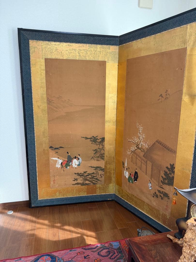 伝統的な日本屏風 大型 金屏風 二曲屏風 アンティーク