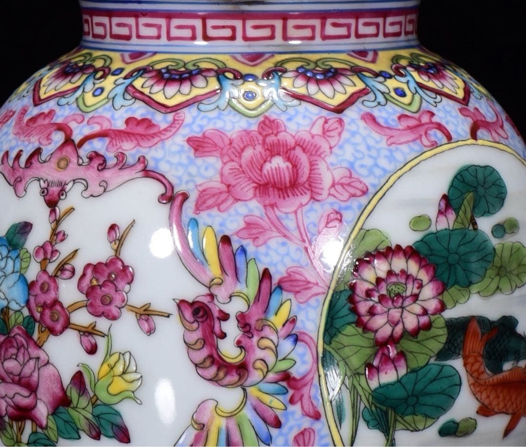 縁起物　珍品　清乾隆年製 粉彩花卉文描金蓋壺　手作り　インテリア　古美術　置物