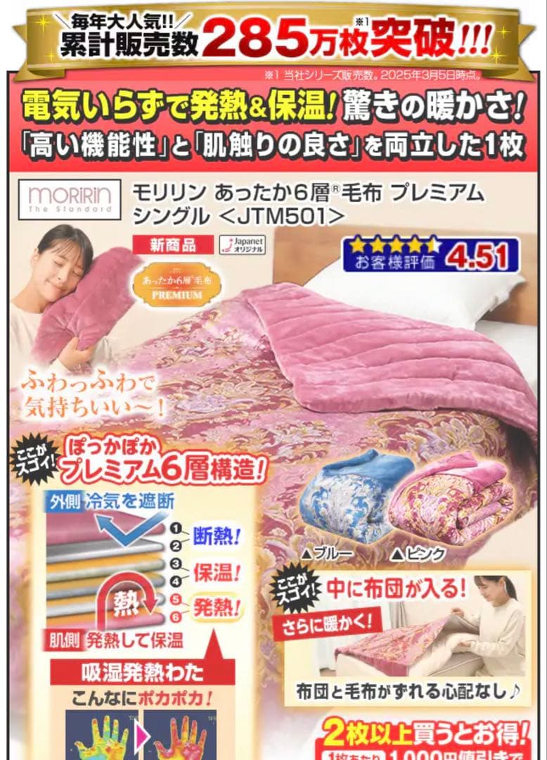 ダブル　ジャパネット×モリリン　６層構造　毛布　布団カバー　グレー