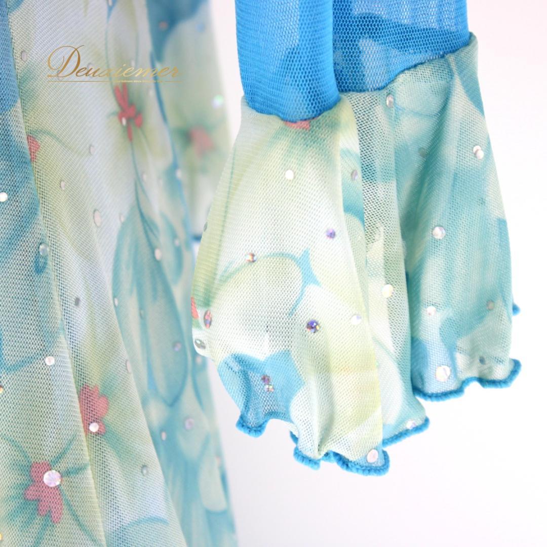 【美品 社交ダンス衣装】ワンピース ドレス 水色 ライトブルー チョーカー 長袖