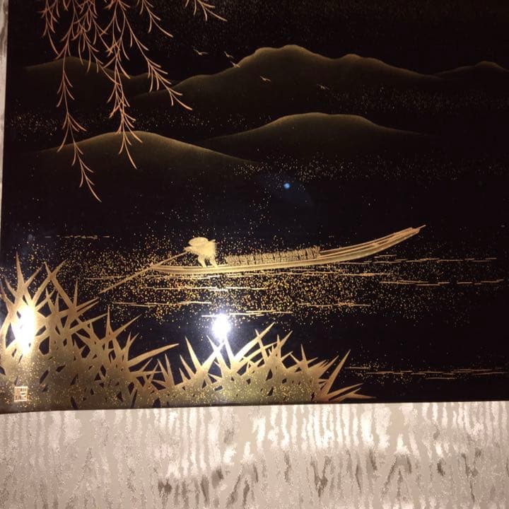 美品　輪島塗　二段卓　蒔絵山水曳船図