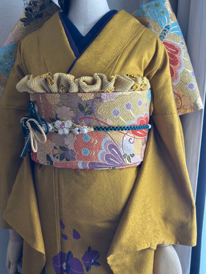 振袖 イエロー 花柄　フルセット