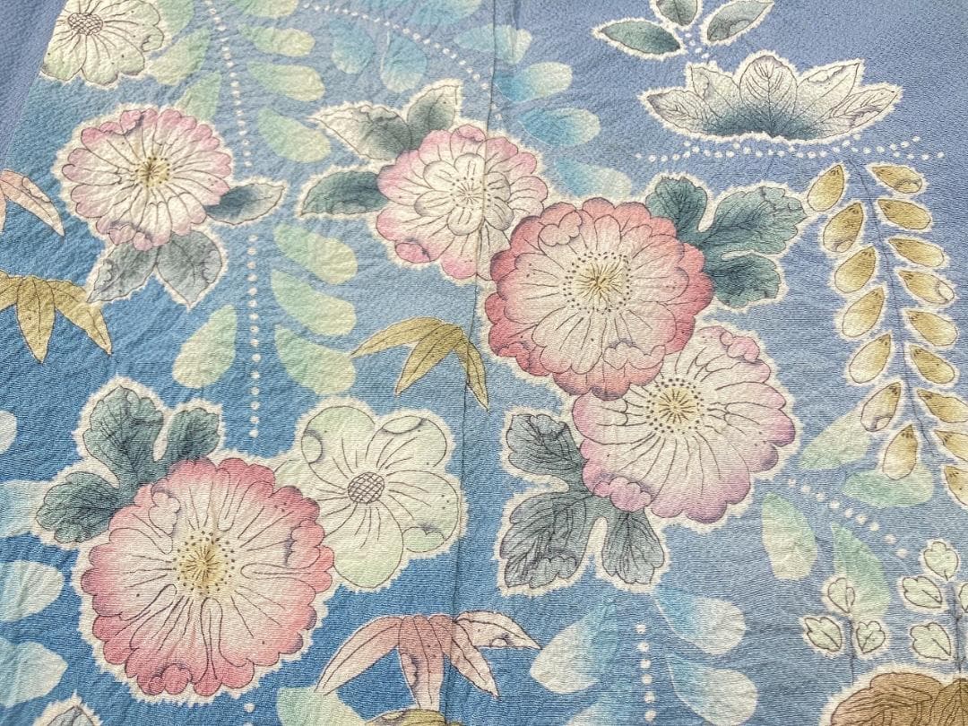 作家物 辻が花 絞り 辻ヶ花 訪問着 正絹 袷 水色 青 ブルー ピンク1396