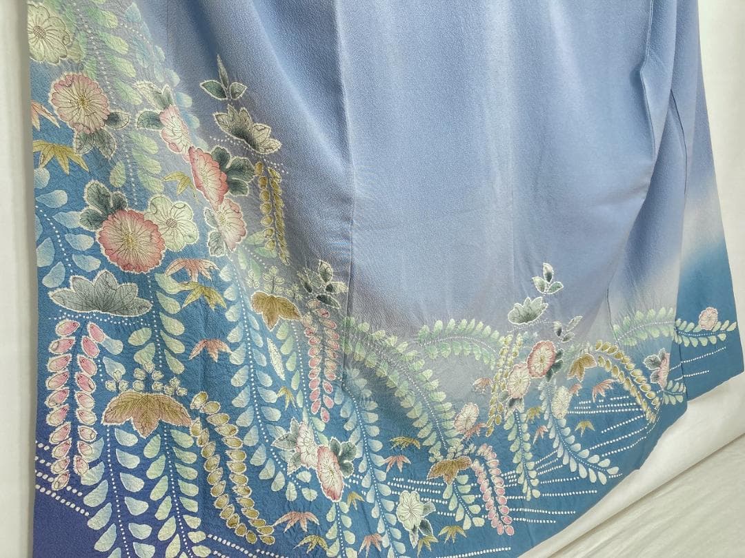 作家物 辻が花 絞り 辻ヶ花 訪問着 正絹 袷 水色 青 ブルー ピンク1396