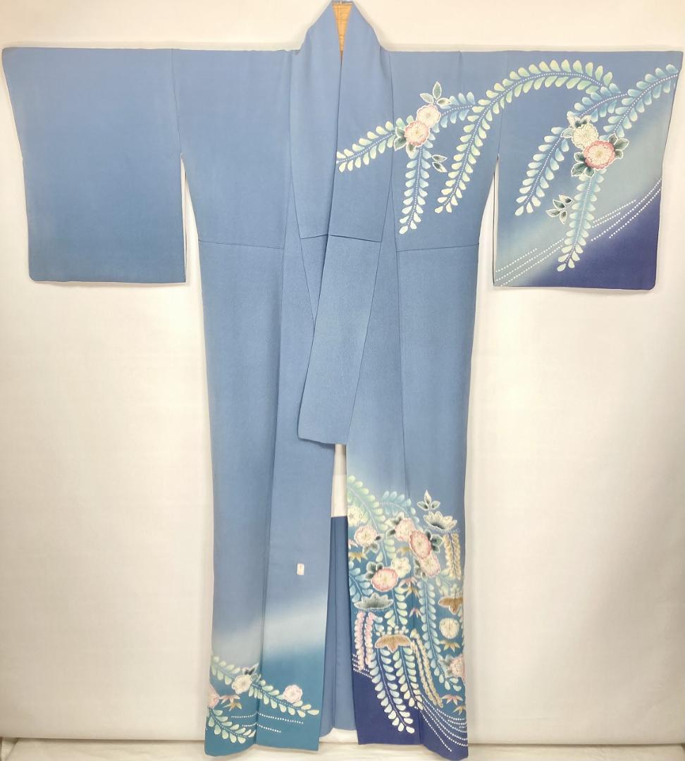 作家物 辻が花 絞り 辻ヶ花 訪問着 正絹 袷 水色 青 ブルー ピンク1396