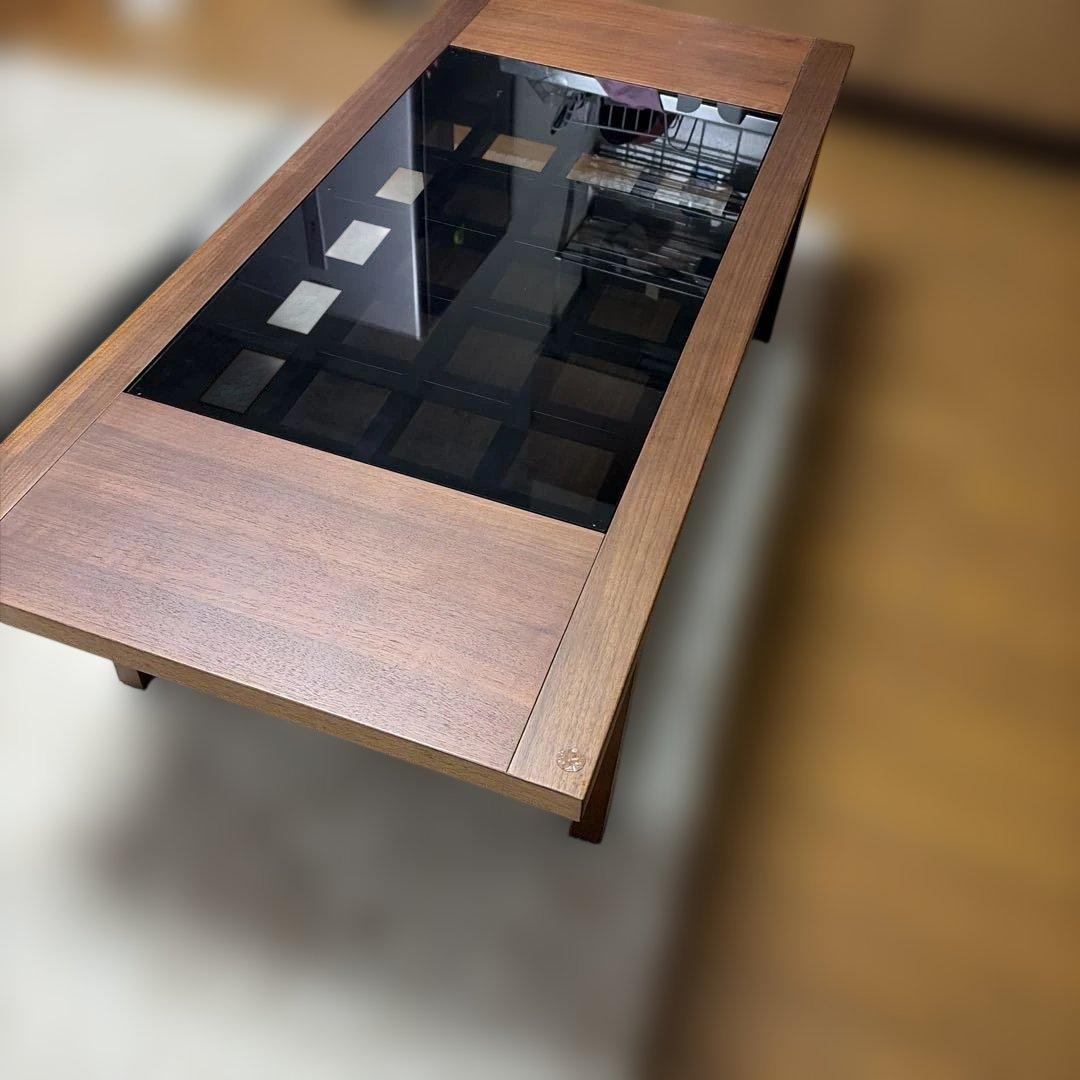 木製ガラス天板付き長方形テーブル