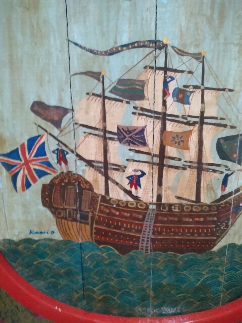 アンティーク看板　南蛮船　南蛮人　手描き 70x55x4 cm 木製