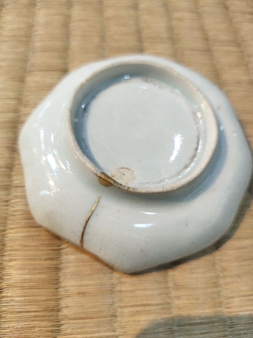 お値下げしました、古伊万里　型紙摺印判　八角豆皿　5枚組　金直し有