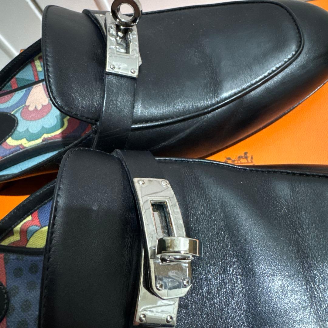 HERMES ブラック レザー ミュール 37.5