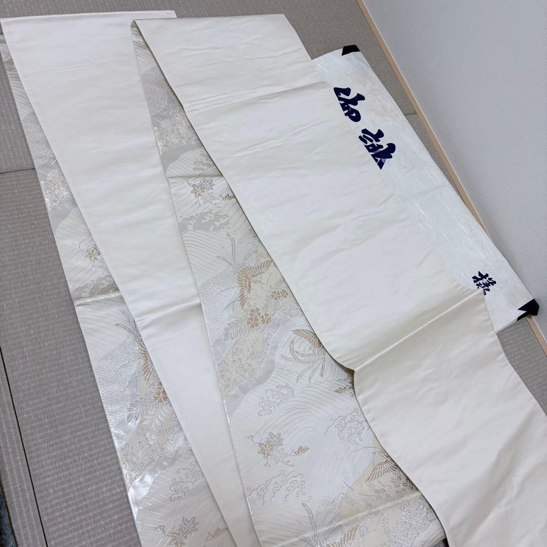 正絹 九寸名古屋帯 鳳凰文 金銀糸 白系 御誂え 礼装 フォーマル 約440cm