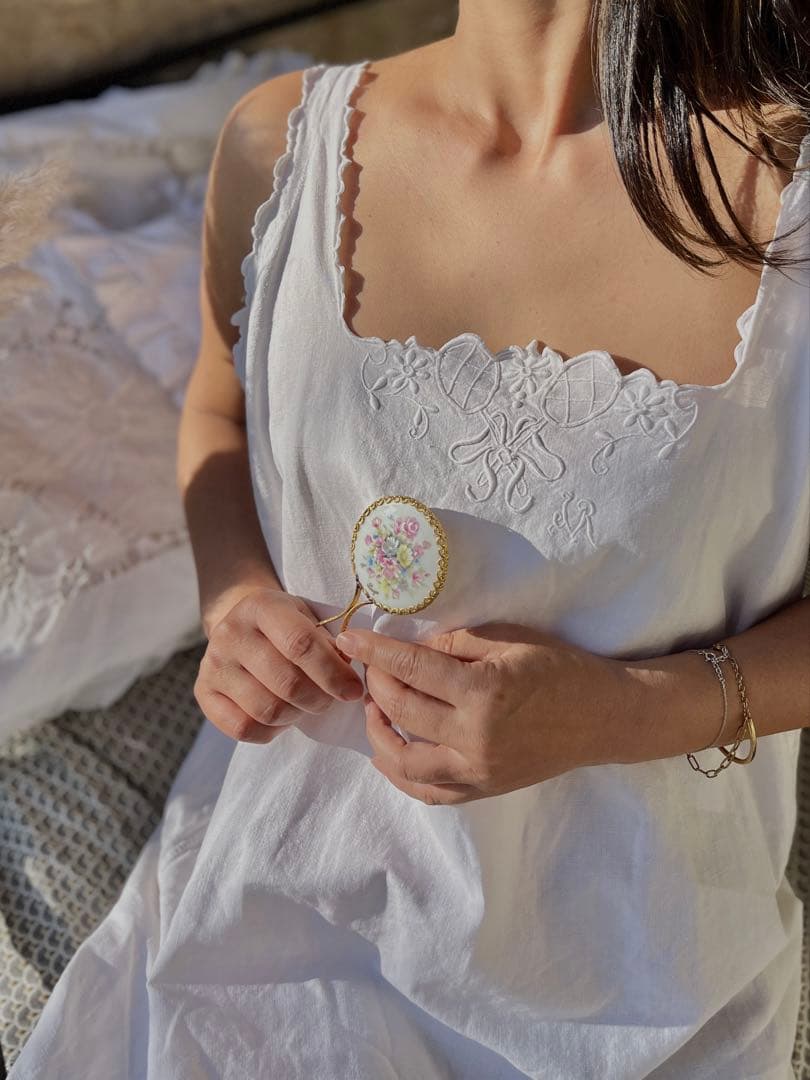 ◆フランスアンティーク｜メイク道具6点、ヘアブラシ、リモージュ、手鏡、イヤリング