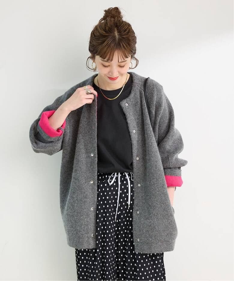 simplicite ２層スムース編みロングカーディガン　グレーピンクフォックス