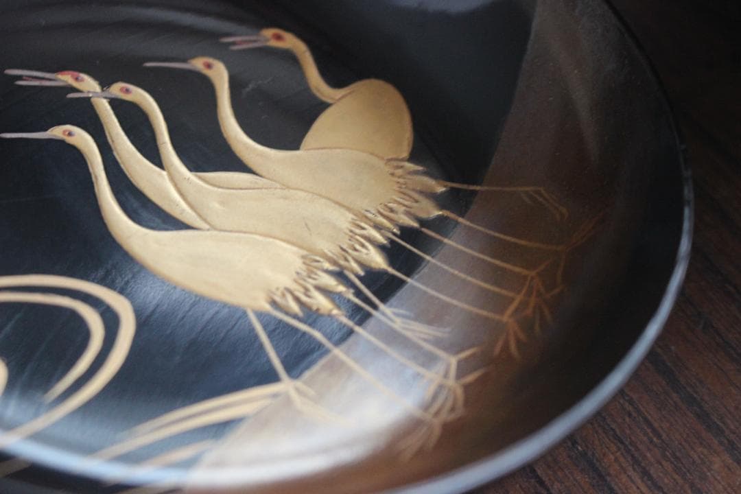 時代逸品！端正な黒漆に優美な光琳鶴蒔絵の映えるお椀2点（検輪島塗蒔絵椀