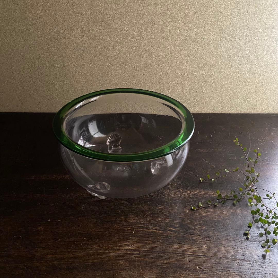 大正〜昭和初期　大正ガラス　吹き硝子　三脚金魚鉢　脚付　希少品