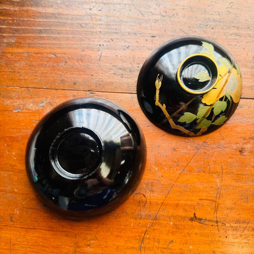 黒漆金彩花文溜塗吸物椀　お吸い物　　黒漆椀　木製椀3客セット　祝膳に　溜め塗り