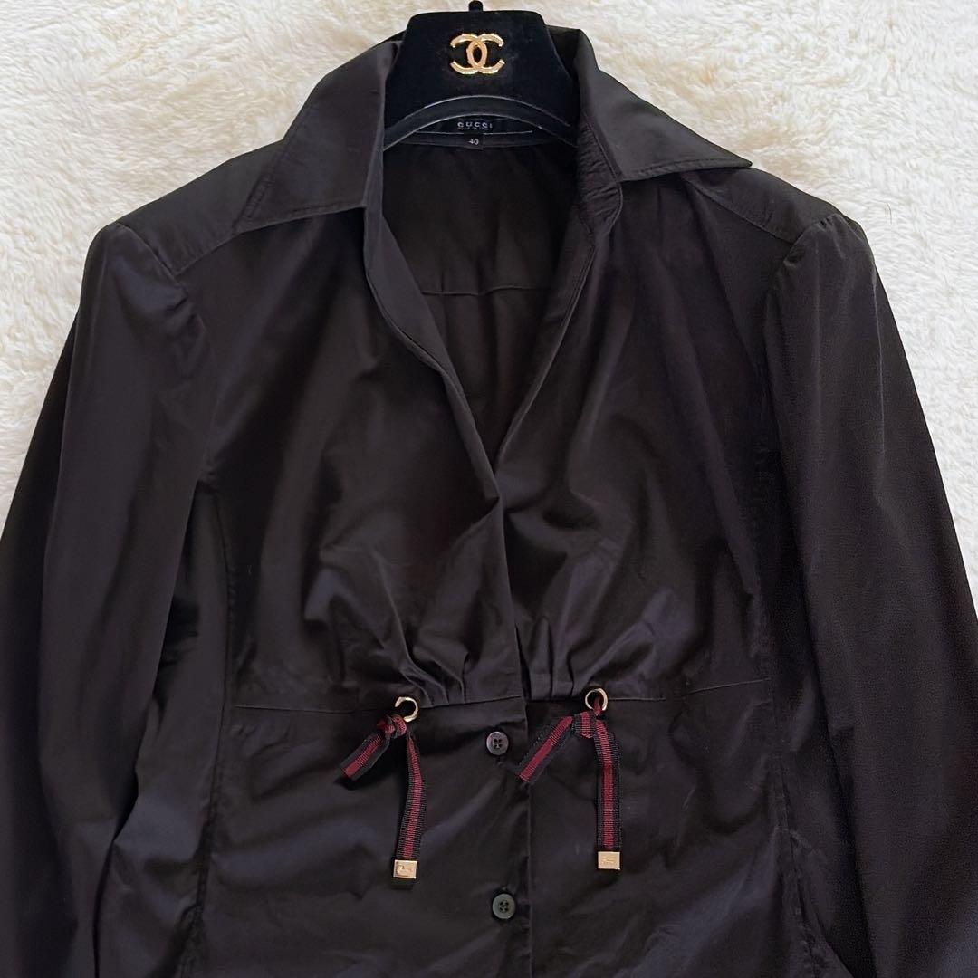 美品✨希少【グッチ】シェリーラインリボン付き長袖シャツ ロゴ刻印ボタン 黒 40