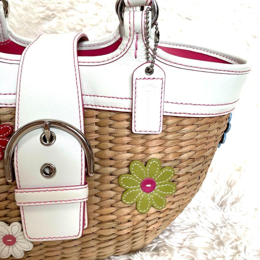 美品✨コーチ　フラワーモチーフ ストローバッグ かごバッグ 花 ソーホー　保存袋