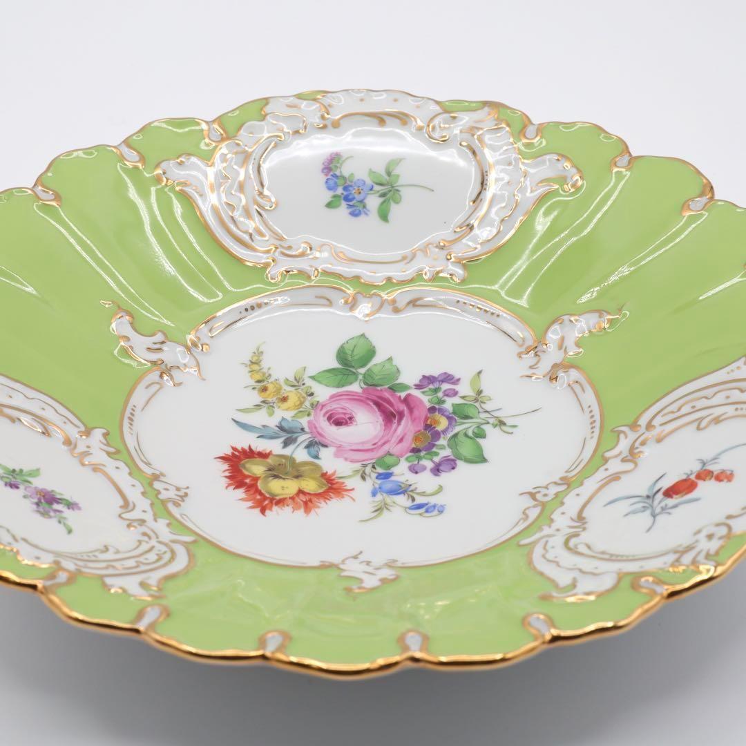 マイセン グランツゴールド 飾り皿 フラワーブーケ 五つ花 金彩 黄緑 一級品