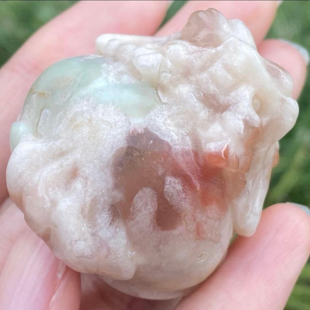 希少 グリーン桜瑪瑙 フラワーアゲート チェリーブロッサム 龍亀 天然石 置物