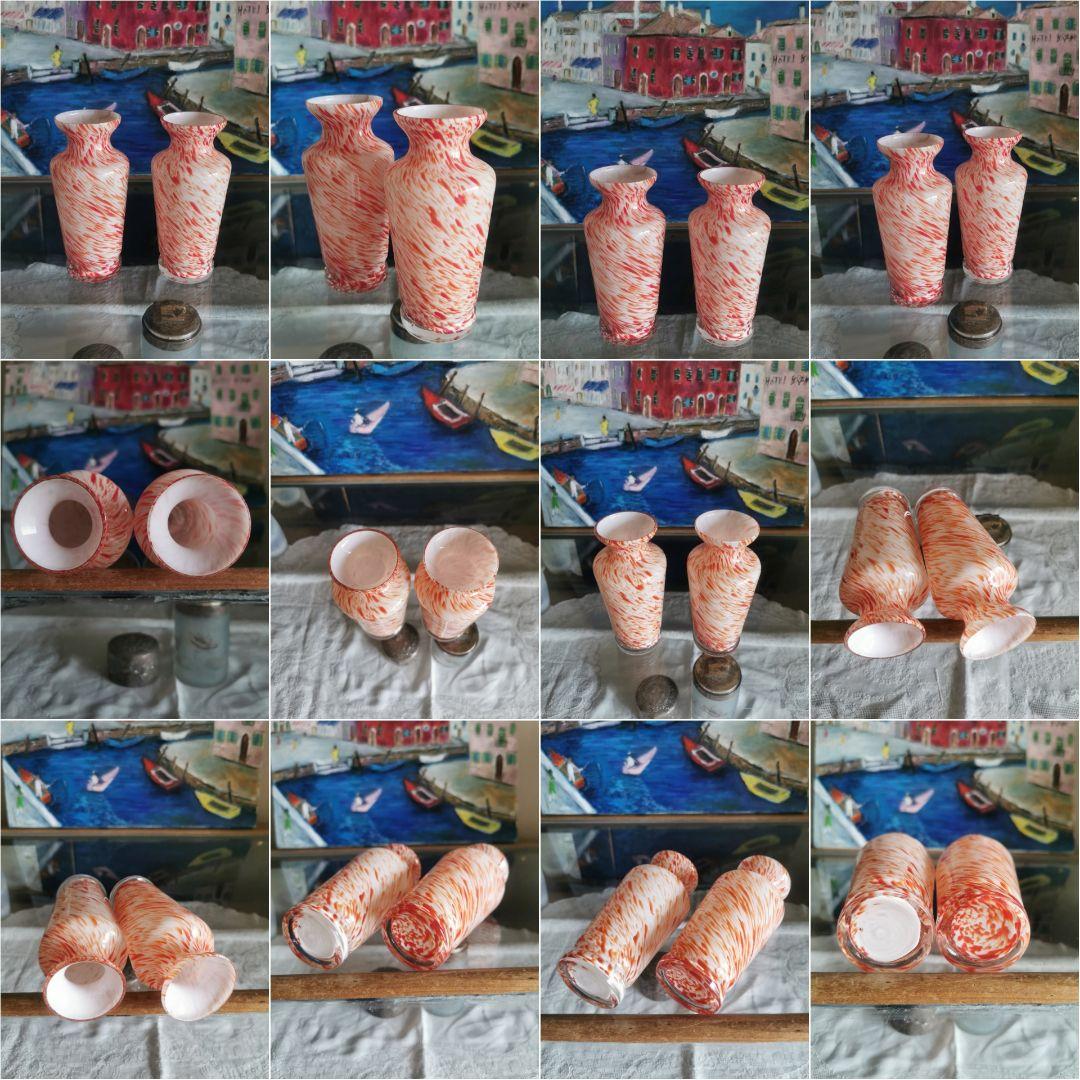 アンティーク ヴェネチアンガラス ブラッドオレンジ＆ホワイト 工房物ペアベース