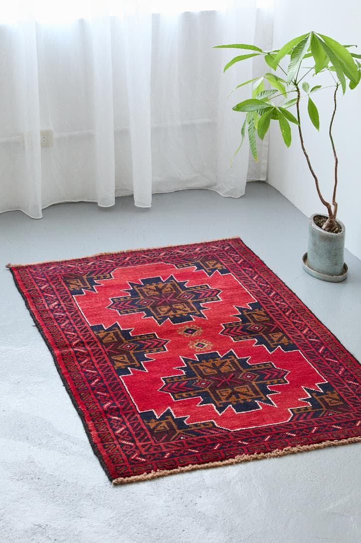 ヴィンテージラグ　トライバルラグ　バルーチ族　ウール（135×87cm）濃茶・赤