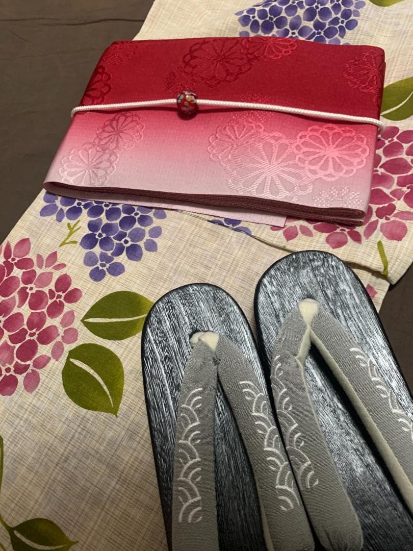 画像の帯つき◆最高級【綿麻浴衣】紫陽花（あじさい）のゆかた◆