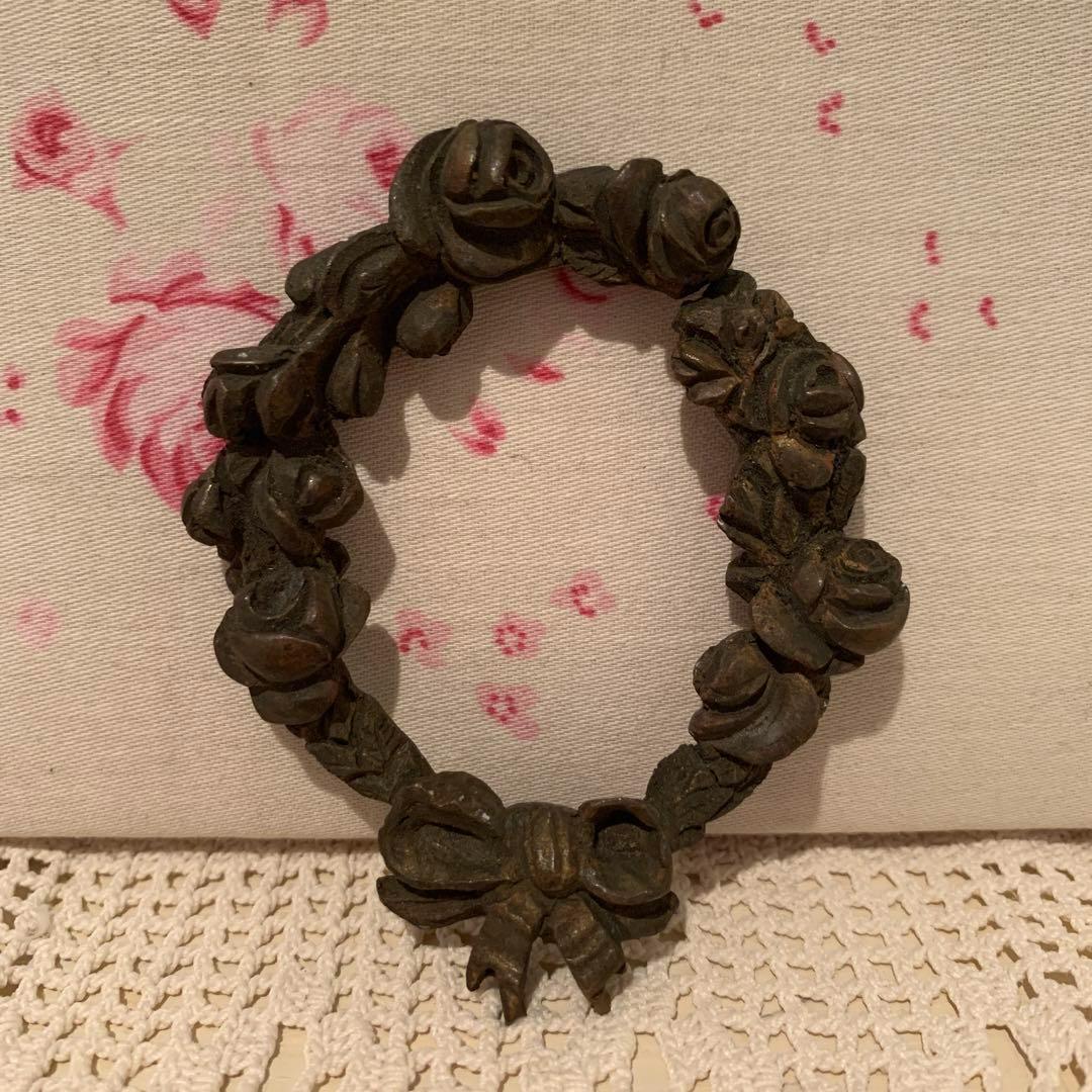 フランス　アンティーク　バラとリボンのリース　ウォールデコレーション