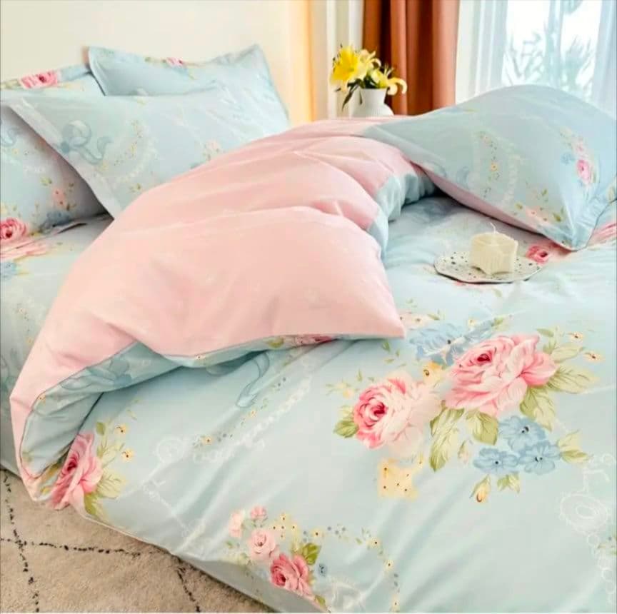 新品★水色薔薇小花リボンレース柄綿100%シングル掛け布団カバー1枚枕カバー2枚