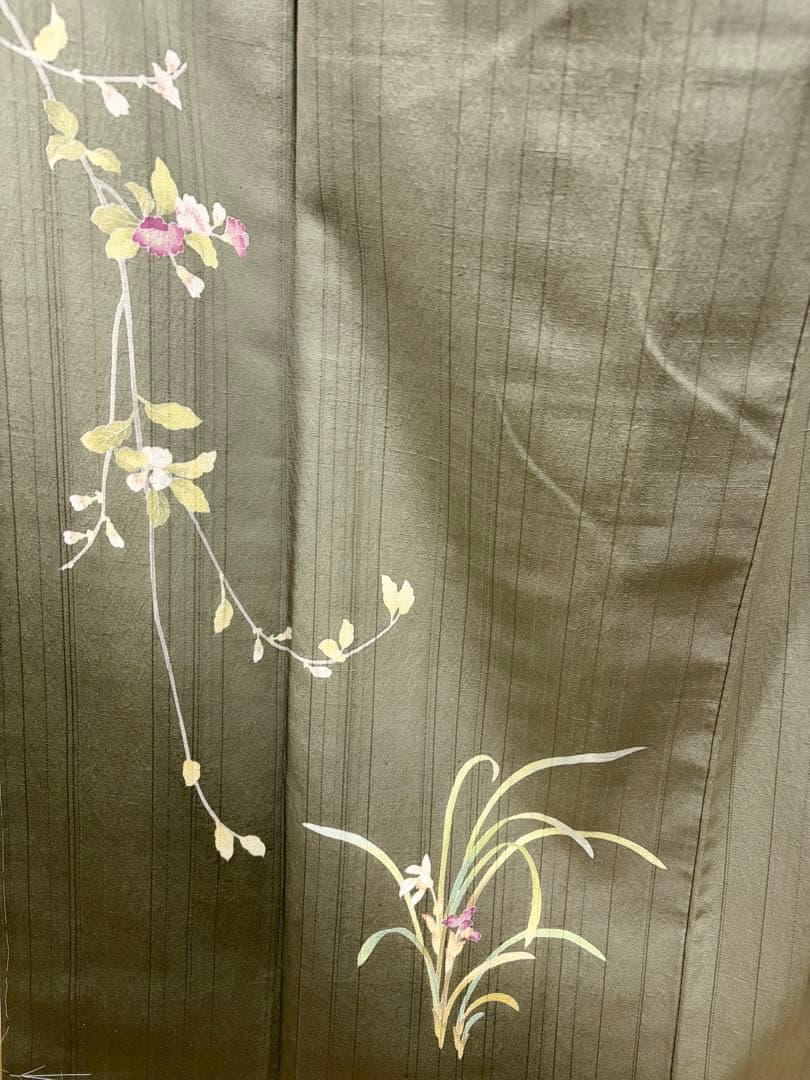 D 美品 十日町友禅 女流作家 遠田藤舟 花模様 緑 紬 正絹 袷 付下げ 着物