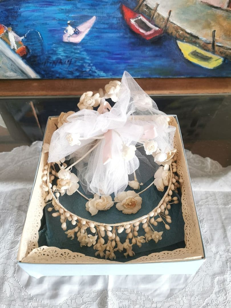 アンティーク ワックスフラワー＆布花冠ティアラ 薔薇ブーケ ブライダル３点セット