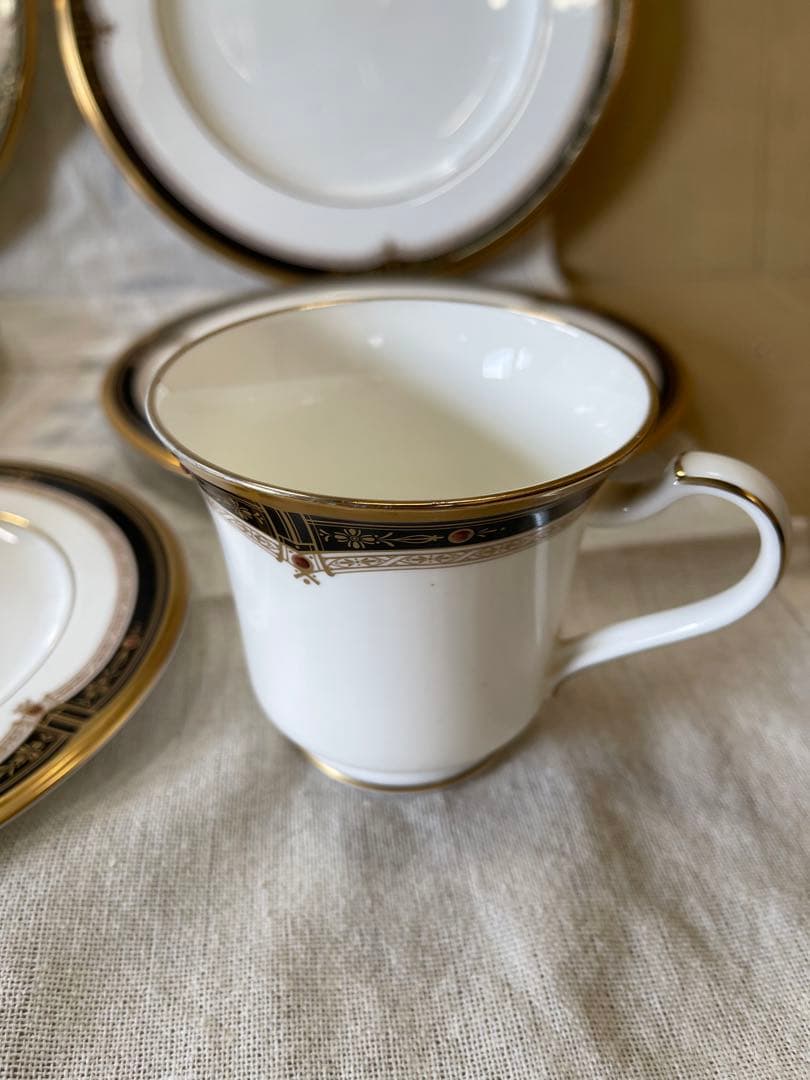 088 オールドノリタケ　瑠璃片葉金蝕　皿5 シュガーボウル1 カップ1 金彩