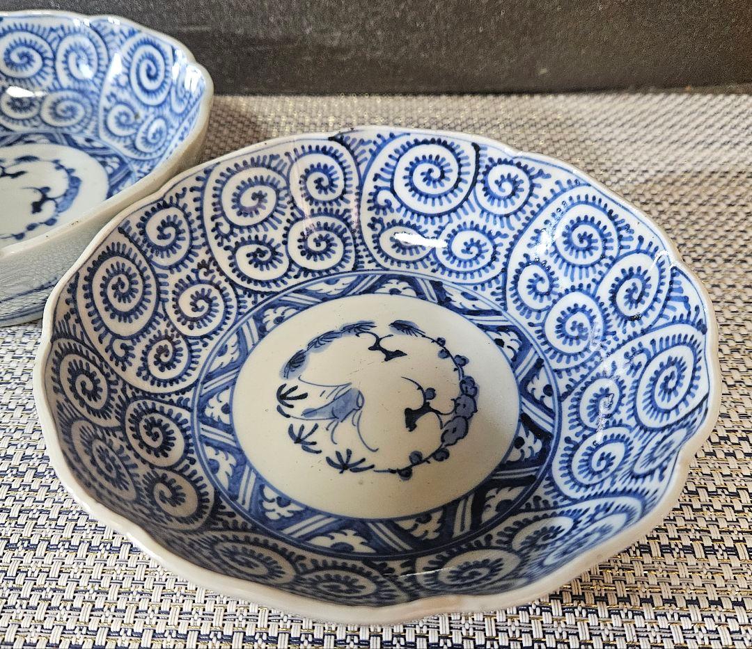 江戸時代後期　古伊万里　染付　たこ唐草 文様　なます皿　膾皿　深皿　2客揃い