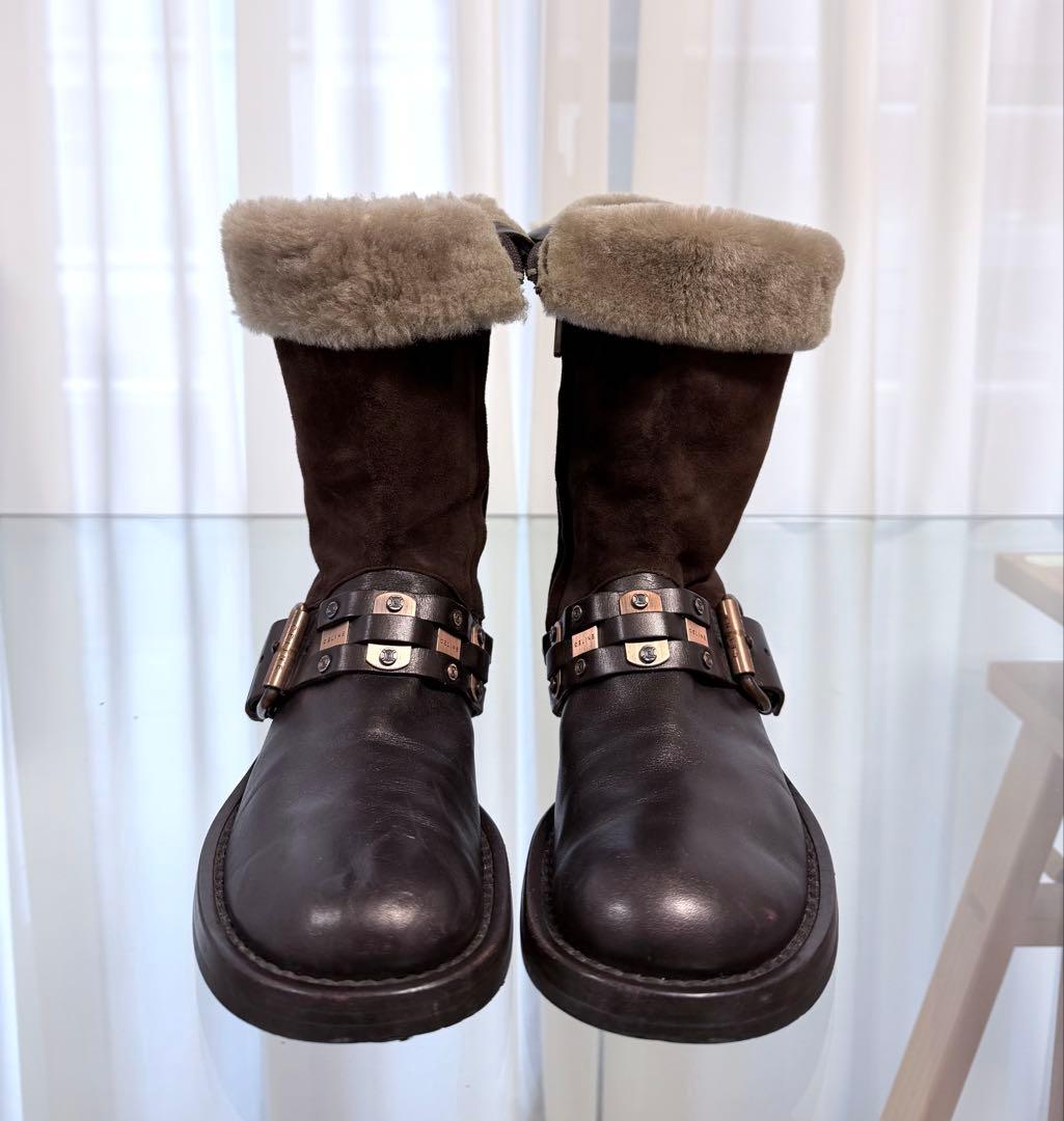 CELINE セリーヌ スエード レザーファー付き 2wayブーツ ブラウン