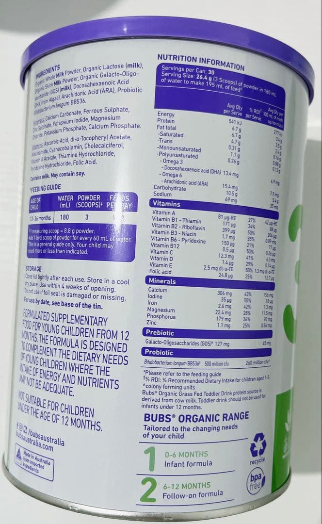 Bubs Organic grass fed ３、800g、12-36ヵ月、3缶