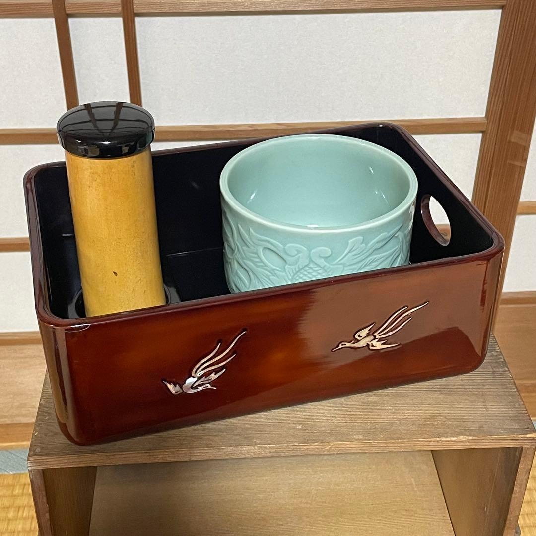 煙草盆　鳳凰　螺鈿　漆塗　タバコ盆　灰吹　昭和アンティーク　盆　青磁火入　竹灰吹