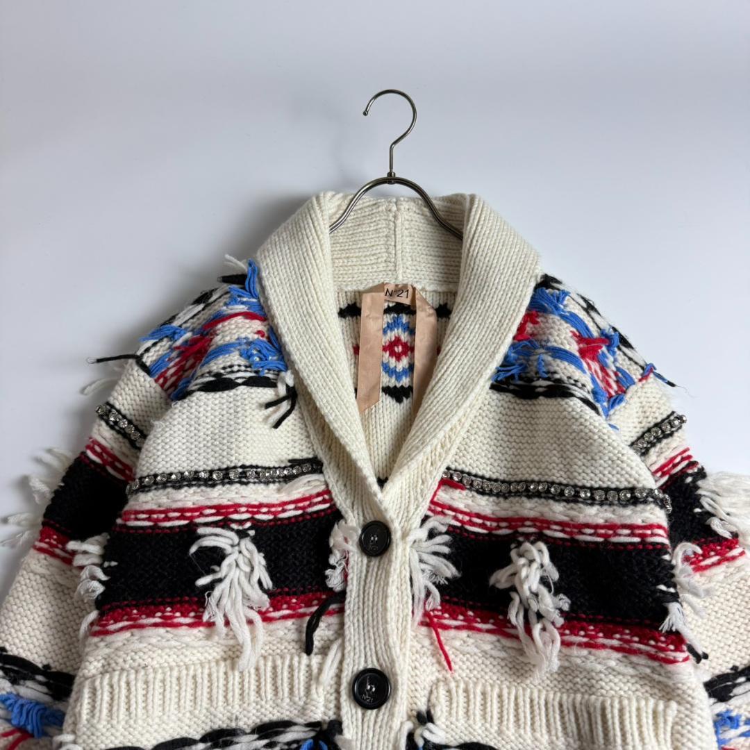 美品　N°21　モヘヤ混　フェアアイル　ビジュー　ショールカラー　カーディガン