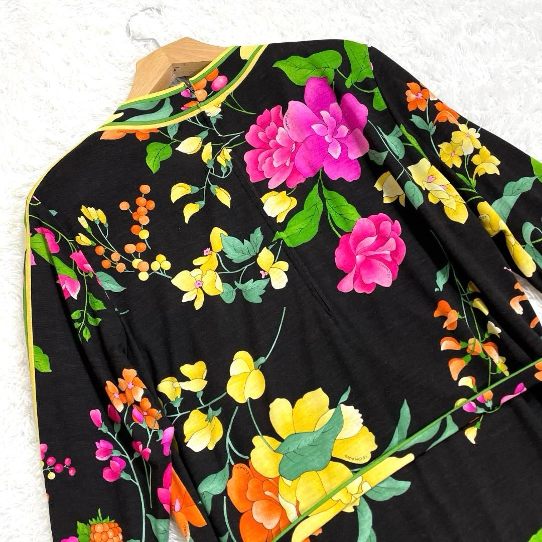 レオナール ロングワンピース 花柄 トリム ベルト付き 長袖ミディドレス L