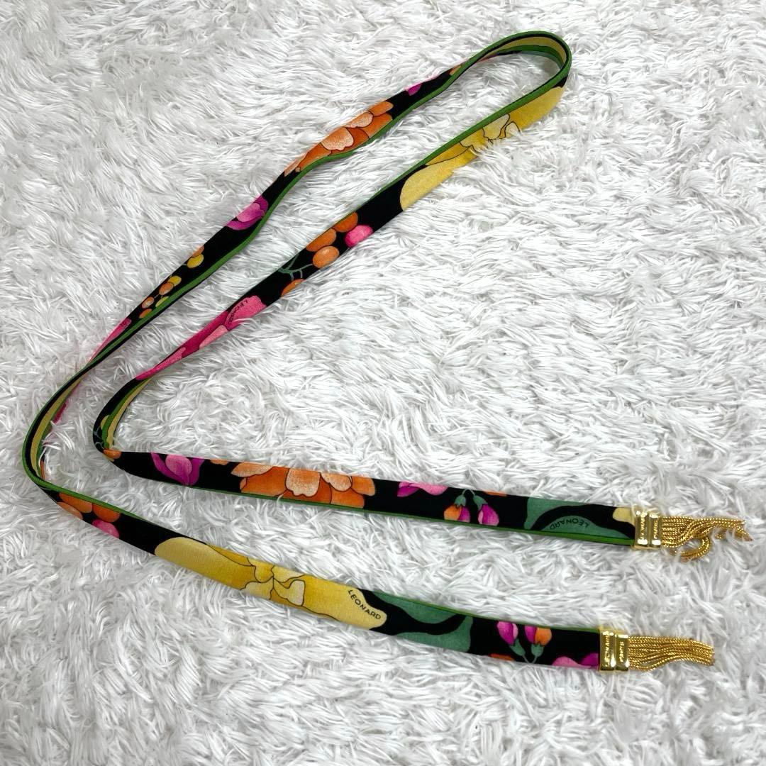 レオナール ロングワンピース 花柄 トリム ベルト付き 長袖ミディドレス L