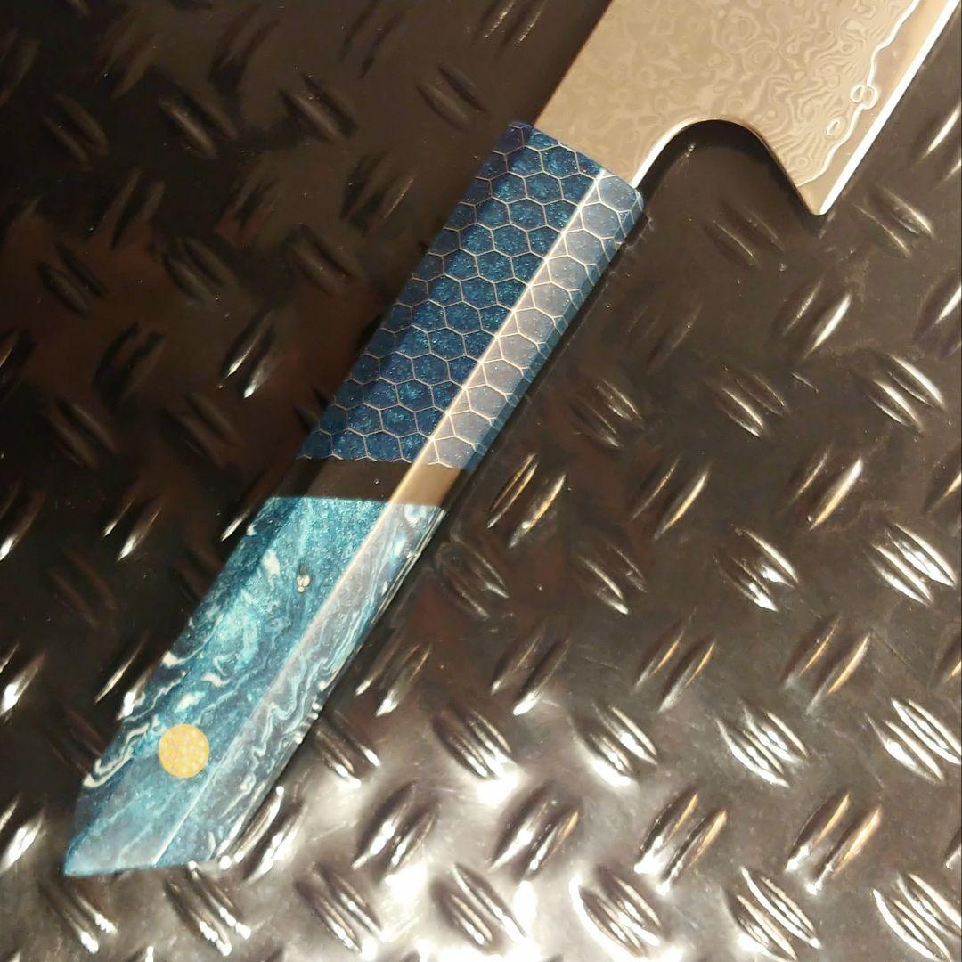V金10号　ダマスカス包丁　ハニカム模様　ブルー柄　剣型　牛刀　三徳