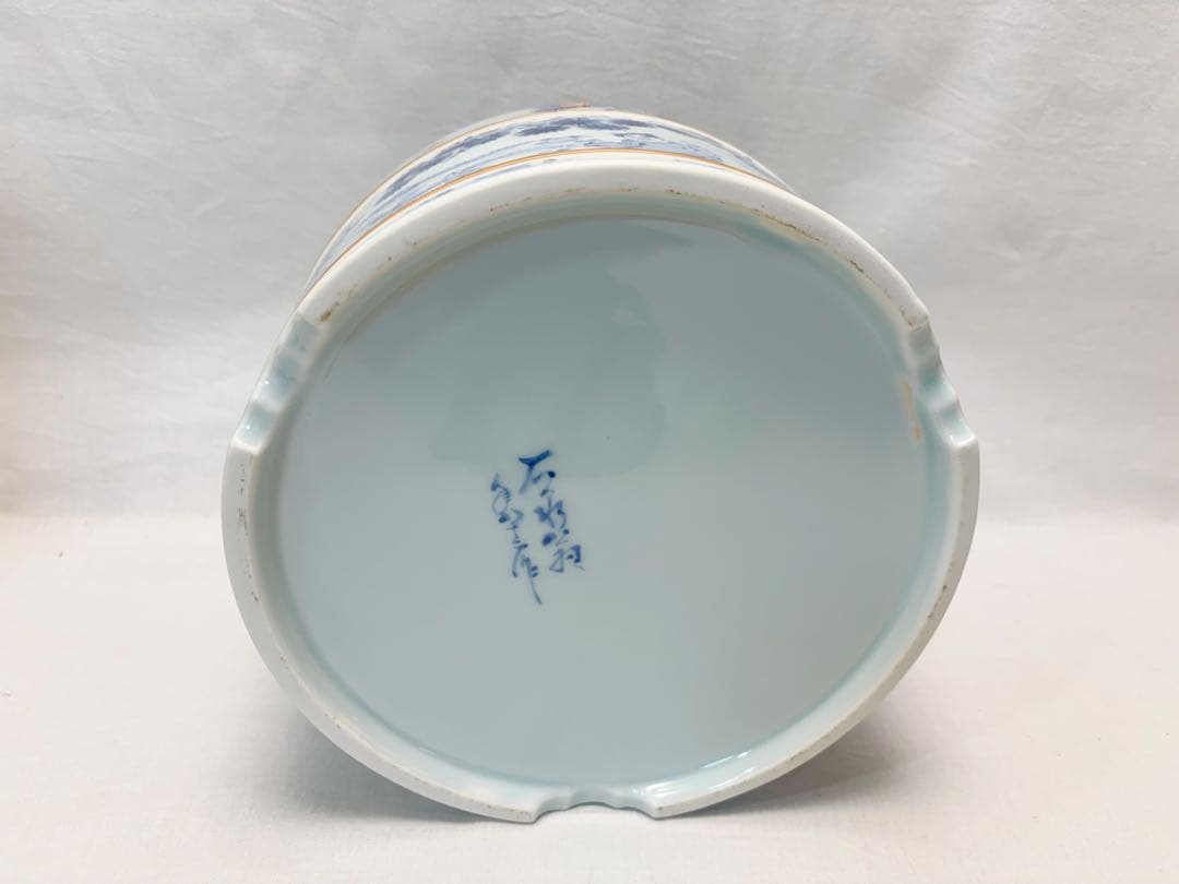 未使用 茶道具 八十翁 石泉作 瀬戸染付 唐子絵 手桶水指 割蓋 底印 共箱