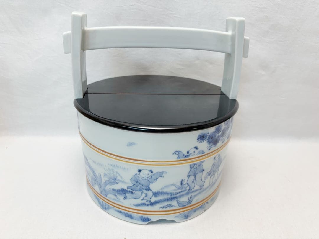 未使用 茶道具 八十翁 石泉作 瀬戸染付 唐子絵 手桶水指 割蓋 底印 共箱